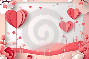 Paper cut style of valentine day concept frame with heart and flower background