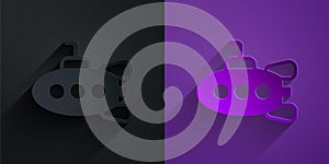 Paper cut Submarine toy icon isolated on black on purple background. Paper art style. Vector