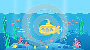 Paper cut submarine. Underwater ocean landscape with fish, seaweeds and coral reef in cartoon paper style. Vector marine