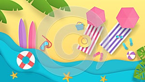 Paper cut summer beach. Vacation background with top view of waves umbrellas and seaside. Vector summer holiday poster
