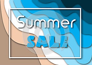 Paper cut summer sale banner with sea or ocean waves and tropical beach sand, white frame and text.