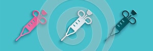Paper cut Syringe icon isolated on blue background. Syringe for vaccine, vaccination, injection, flu shot. Medical