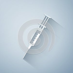 Paper cut Syringe icon isolated on grey background. Syringe sign for vaccine, vaccination, injection, flu shot. Medical