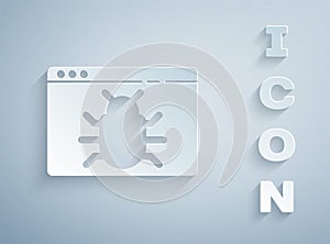 Paper cut System bug concept icon isolated on grey background. Code bug concept. Bug in the system. Bug searching. Paper art style