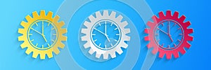 Paper cut Time Management icon isolated on blue background. Clock and gear sign. Productivity symbol. Paper art style