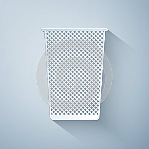 Paper cut Trash can icon isolated on grey background. Garbage bin sign. Recycle basket icon. Office trash icon. Paper