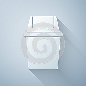 Paper cut Trash can icon isolated on grey background. Garbage bin sign. Recycle basket icon. Office trash icon. Paper