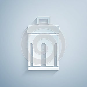 Paper cut Trash can icon isolated on grey background. Garbage bin sign. Recycle basket icon. Office trash icon. Paper