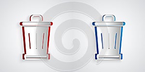 Paper cut Trash can icon isolated on grey background. Garbage bin sign. Recycle basket icon. Office trash icon. Paper