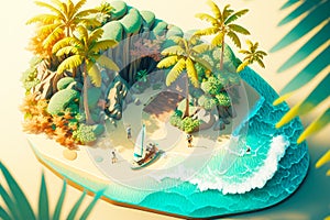 Paper cut of tropical island with sailboat and palm trees. Generative AI