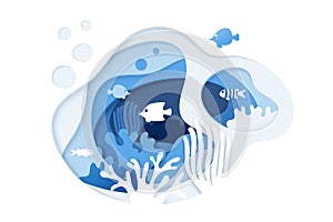 Paper cut underwater ocean background with coral reef, fishes, seaweed, bubbles and waves. Paper cut coral reef banner