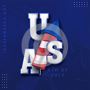 Paper Cut USA Font With American Flag Fireworks Rocket On Blue Marble Liquid Background For 4th Of July