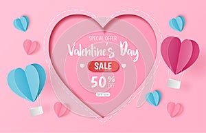 Paper cut of Valentine`s Day sale background with heart balloons, heart blue and pink for greeting card, banner, headers website