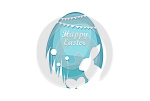 Paper cut vector of easter rabbit, grass, flowers and blue egg shape