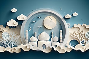 Paper cut vector illustration with mosque and moon, clouds, blue and white color, Ramadan, Generative AI 2