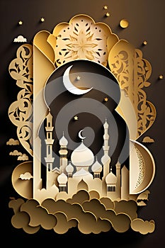 Paper cut vector illustration with mosque and moon, clouds, golden, dark gray and white color, Ramadan, Generative AI 2