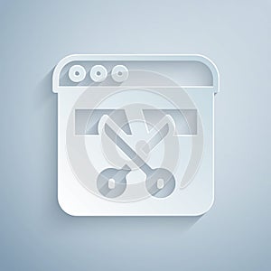 Paper cut Video recorder or editor software on laptop icon isolated on grey background. Video editing on a laptop. Paper