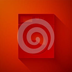 Paper cut Washer icon isolated on red background. Washing machine icon. Clothes washer - laundry machine. Home appliance