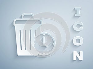 Paper cut Waste of time icon isolated on grey background. Trash can. Garbage bin sign. Recycle basket icon. Office trash