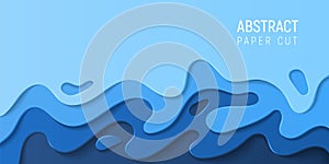 Paper cut water abstract background. Banner with 3D abstract paper cut blue waves. Eco friendly design. Vector