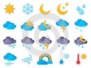 Paper cut weather icons. Symbols of rain, rainbow, sun, hot and cold temperature, winter snow and cloud. Meteo forecast