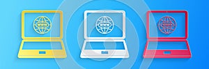 Paper cut Website on laptop screen icon isolated on blue background. Globe on screen of laptop symbol. World wide web