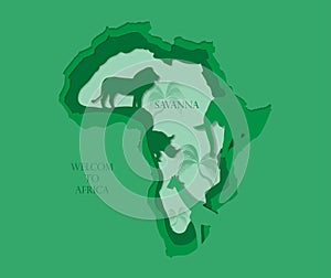 Paper cut of Welcome to Africa. Africa has savanna meadows that are home to many wildlife. Both carnivores and herbivores such as