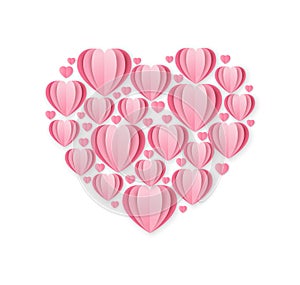 Paper cut on a white background. Layered hearts laid out in the shape of a heart. St. Valentine`s Day. Greeting card for