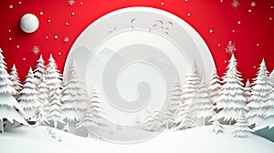 Paper cut of white Christmas tree, Snow in winter on a red background. Illustration of Merry christmas Happy new year.