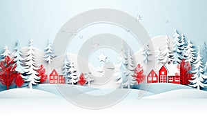 Paper cut of white Christmas tree, Snow in winter on a red background. Illustration of Merry christmas Happy new year.