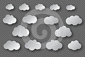 Paper cut white clouds collection. 3d effect with shadow. Decorative elements isolated on transparent background, vector