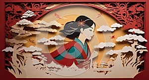 A paper cut of a woman in a kimono, an animation of the tale of an old Chinese story on the screen