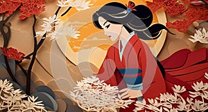 A paper cut of a woman in a kimono, an animation of the tale of an old Chinese story on the screen.