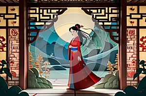 A paper cut of a woman in a kimono, an animation of the tale of an old Chinese story on the screen.