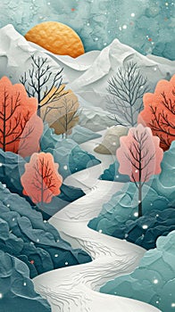 A paper cutout mobile wallpaper of a winter landscape