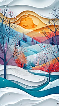 A paper cutout mobile wallpaper of a winter landscape