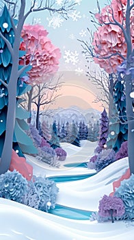 A paper cutout mobile wallpaper of a winter landscape