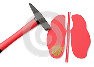 Paper cutout with sand and hammer on white background, top view. Kidney stone disease