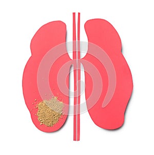 Paper cutout with sand on white background, top view. Kidney stone disease