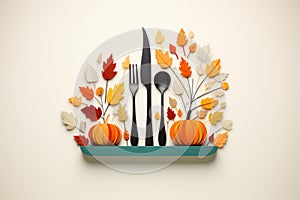 paper cutout of a thanksgiving table with a fork knife and pumpkin