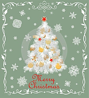 Paper cutting Christmas white tree with golden balls, baubles, cookies, candy, angels, star and gingerbread, paper handmade snowfl