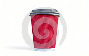 Paper disposable red glass of tea or coffee with black plastic lid isolated on white background. Takeaway food. Nobody