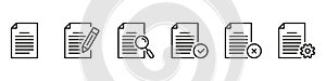 Paper Document Line Icons Set. File and Paper Pages Collection. Black Business Documents Symbol with Pencil, Gear