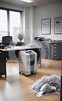 Paper and document shredder in a modern office, banner for advertising, background for smartphone,