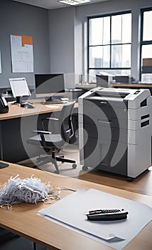 Paper and document shredder in a modern office, banner for advertising, background for smartphone,