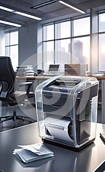 Paper and document shredder in a modern office, banner for advertising, background for smartphone,