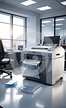 Paper and document shredder in a modern office, banner for advertising, background for smartphone,