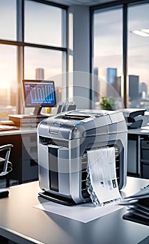 Paper and document shredder in a modern office, banner for advertising, background for smartphone,