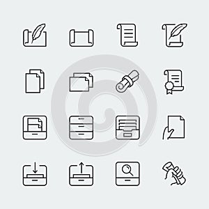 Paper, documents and archive related icons in thin line style