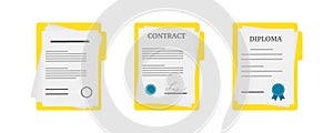 Paper documents icons. Contract or document signing icon.Set of illustration with diploma, contract documents . Document concept
